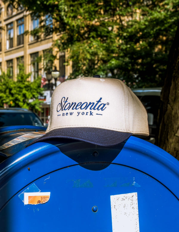 Structured Baseball Hat Navy/Tan Script