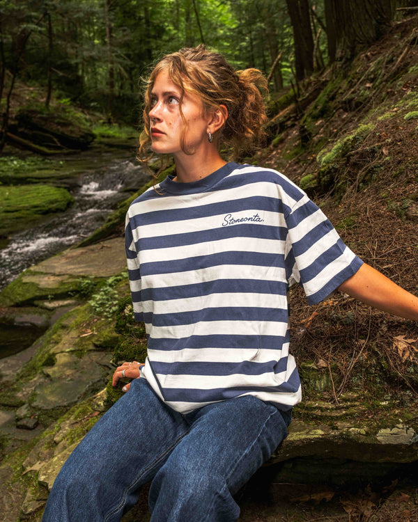 Premium Oversized Striped Tee Navy/Off-White