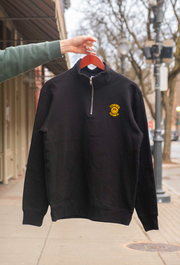 Embroidered Smiley Quarter-Zip Black